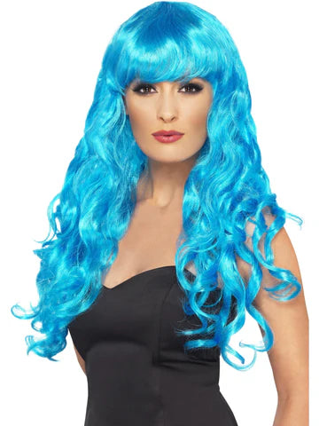 Siren Wig, Blue, Long, Curly with Fringe