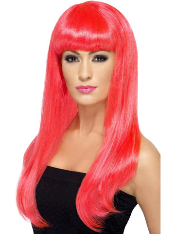 Babelicious Wig, Neon Pink , Long, Straight with Fringe