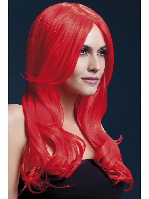Fever Khloe Neon Red Wig, Long Wave with Centre Parting, 56cm/22in