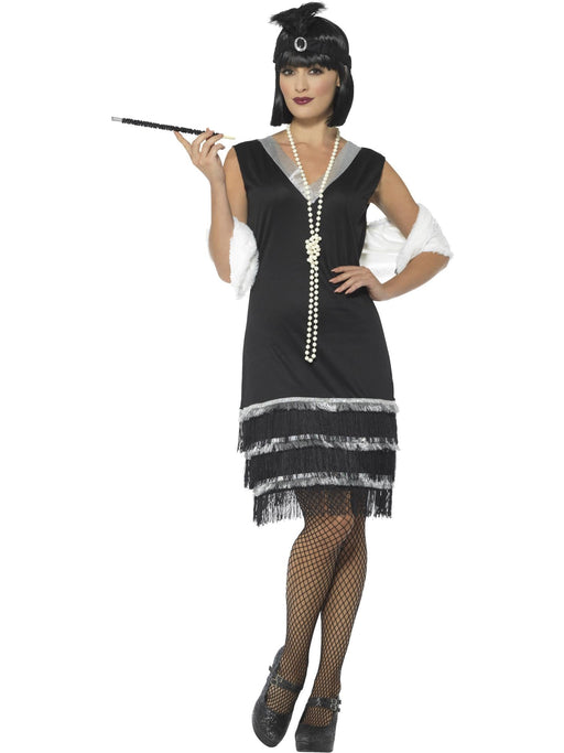 Flapper Costume, Black with Dress, Headband & Fur Stole