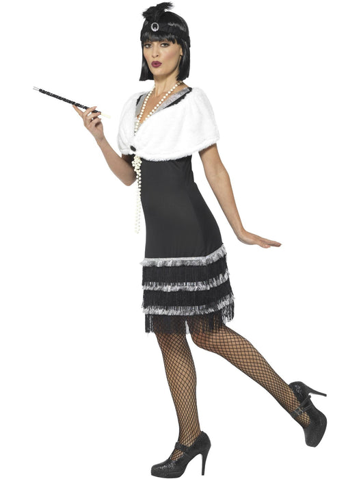 Flapper Costume, Black with Dress, Headband & Fur Stole