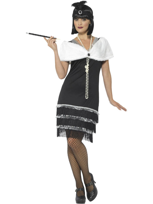 Flapper Costume, Black with Dress, Headband & Fur Stole
