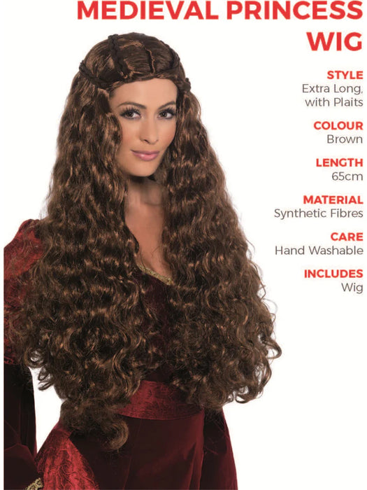Medieval Princess Wig, Brown Extra Long, with Plaits