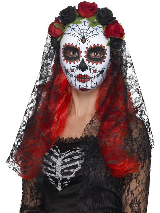 Day of the Dead Senorita Mask, Full Face, Red & Black