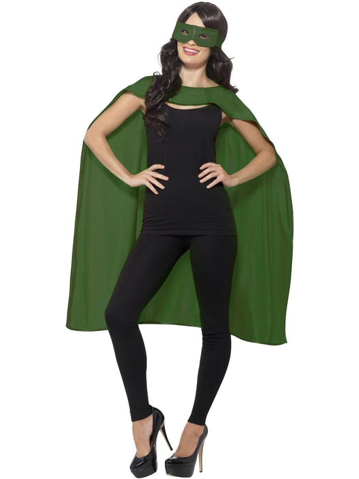 Adult green superhero cape and matching green eyemask worn over a black outfit, cape and eyemask only