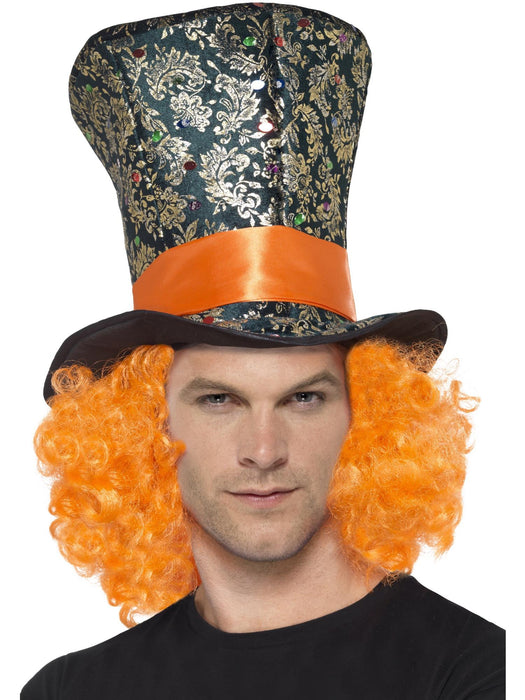 Mad Hatter Top Hat with Attached Orange Wig