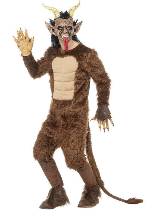 Beast Krampus Demon Mask, Brown, Latex, Overhead, with Hair & Horns