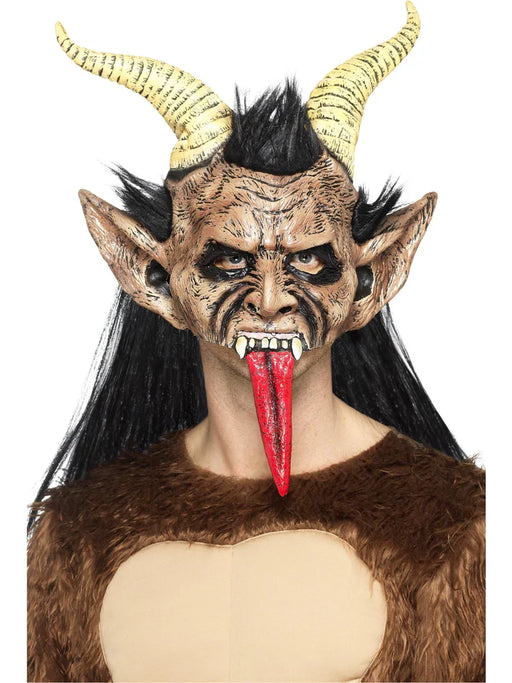 Beast Krampus Demon Mask, Brown, Latex, Overhead, with Hair & Horns