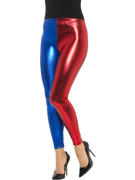Jester Cosplay Leggings, Metallic, Blue & Red Large