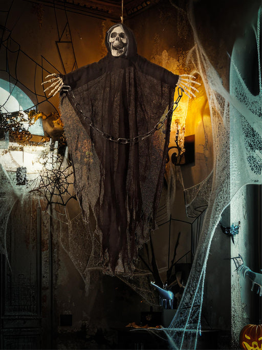 Hanging Reaper Skeleton Decoration, Black with Cape & Chains, 70x90cm / 28x35in