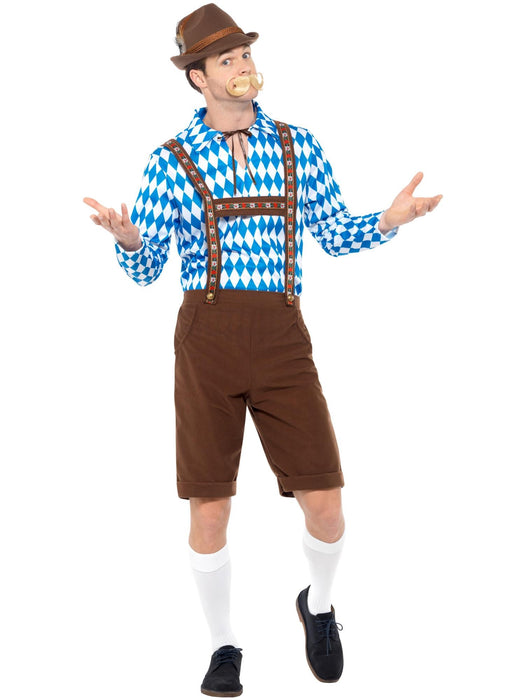 Bavarian Beer Man XL costume front view with blue and white diamond shirt, brown lederhosen and hat