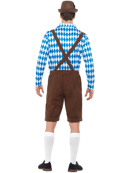 Bavarian Beer Man XL costume back view showing blue and white diamond shirt, brown lederhosen and crossed braces