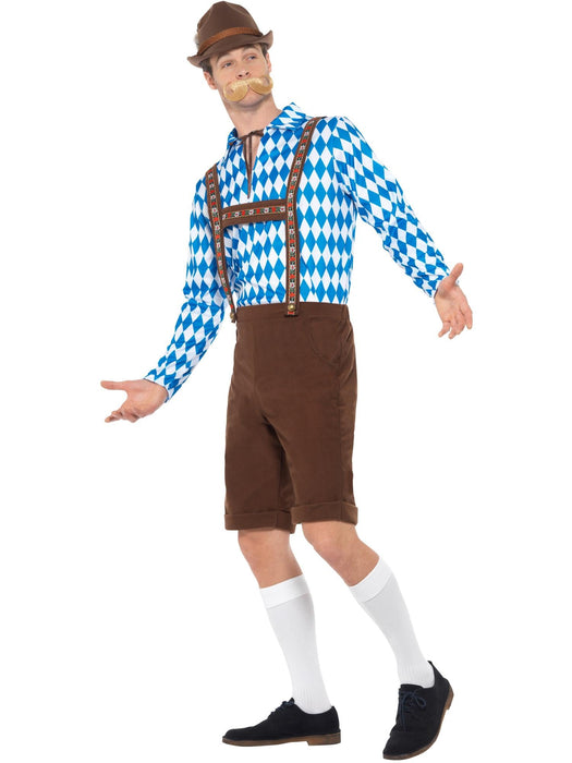 Bavarian Beer Man XL costume side view with blue and white diamond shirt, brown lederhosen and hat