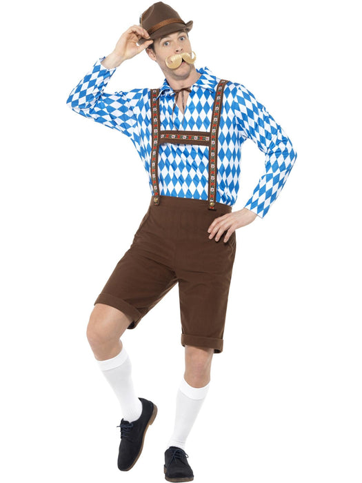 Bavarian Beer Man XL costume posed front view with blue and white diamond shirt, brown lederhosen and hat