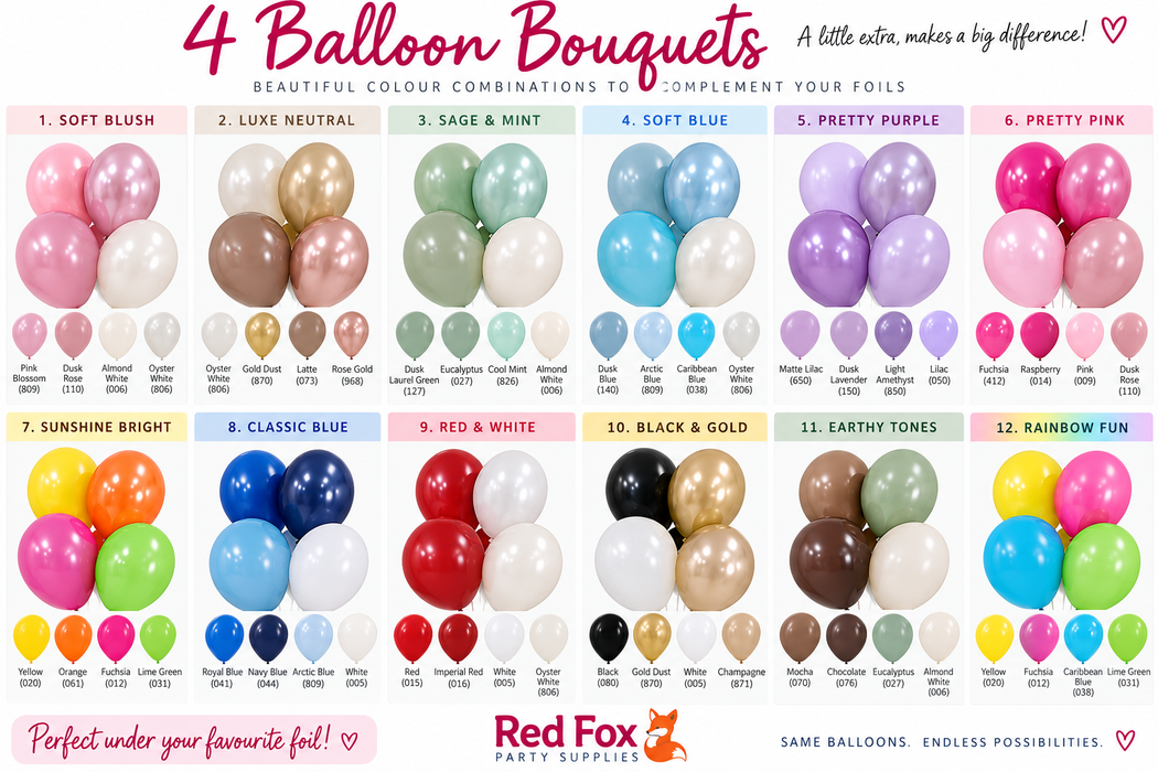 Four-balloon bouquet colourway suggestions for foil balloons, including soft pastels, trending neutrals, bright colours, classic combinations and football colourways.