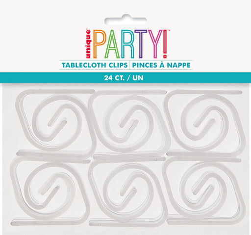 Pack of 24 clear tablecloth clips in Unique Party packaging