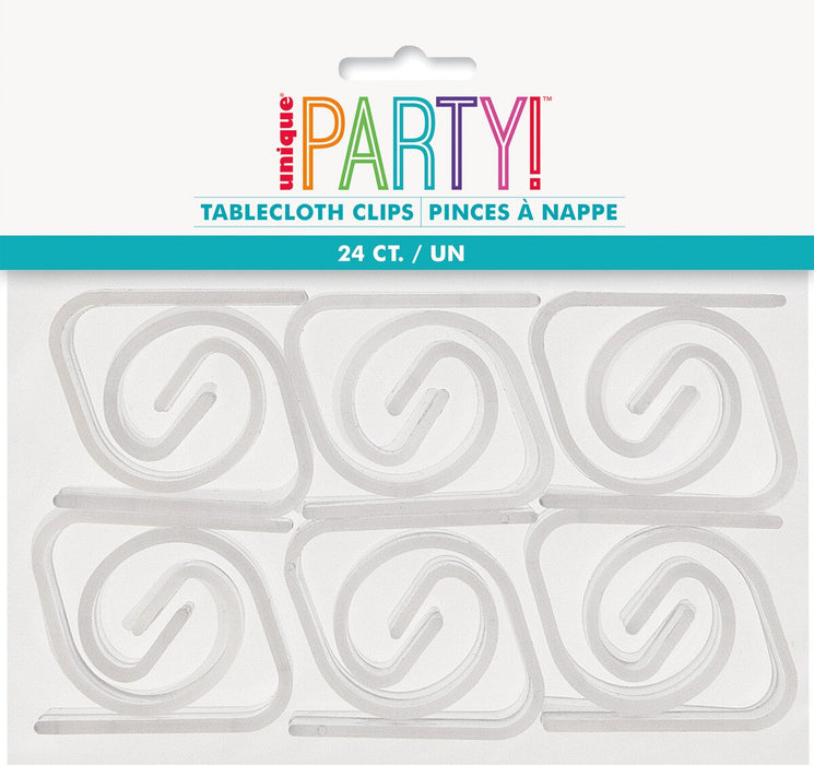 Pack of 24 clear tablecloth clips in Unique Party packaging