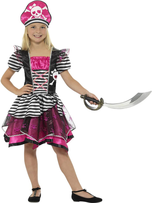 Perfect Pirate Girl Costume, Black & Pink, with Dress & Hat - 7-9 Years
