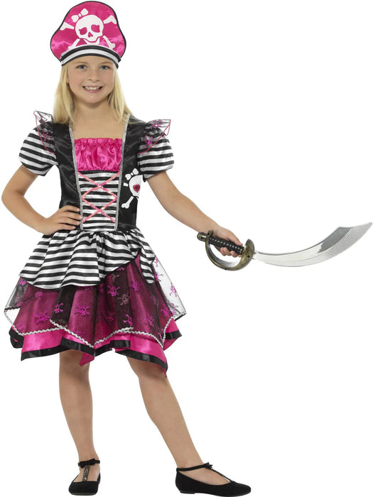 Perfect Pirate Girl Costume, Black & Pink, with Dress & Hat - 7-9 Years