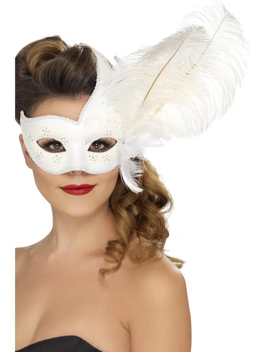 Ornate Columbina Eyemask, White, with Feather