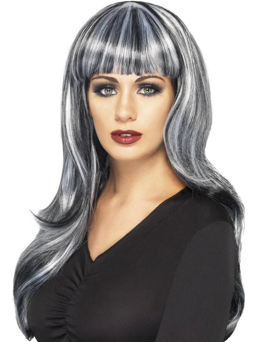 Sinister Siren Wig, Black & Grey, Long, Wavy with Fringe & Grey Streaks