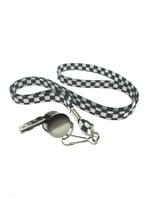 Silver Referee Whistle On Chequered Lanyard