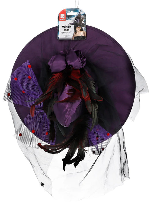 Witch Hat, Purple, with Feathers & Netting, Deluxe
