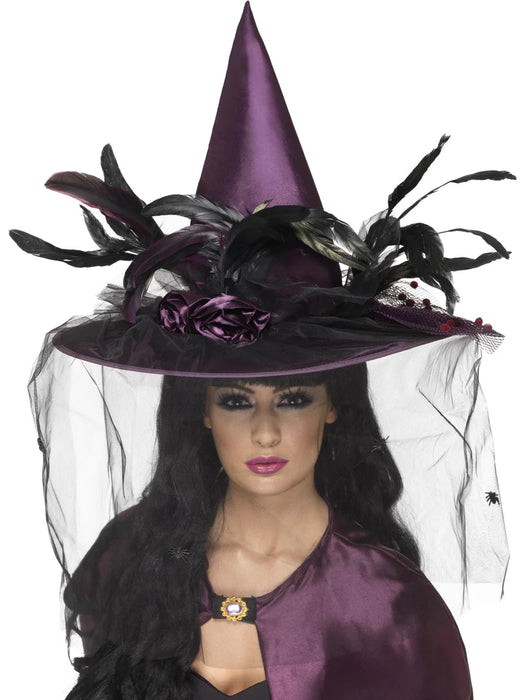 Witch Hat, Purple, with Feathers & Netting, Deluxe