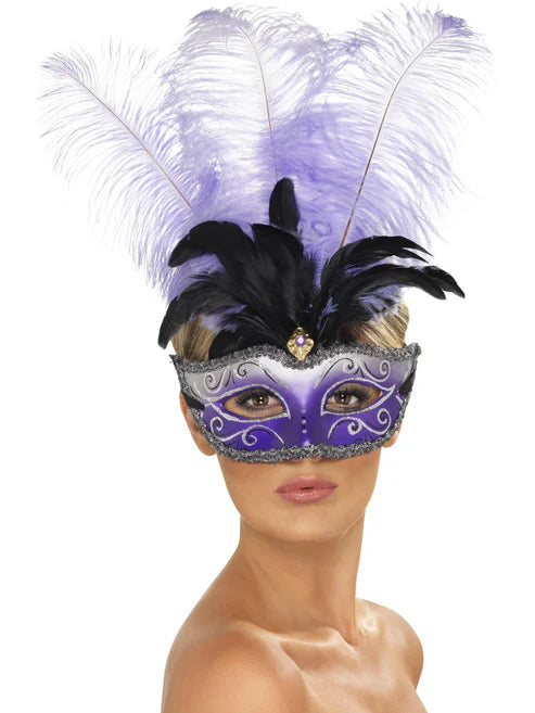 Venetian Colombina Eyemask With Multicolour Plume,