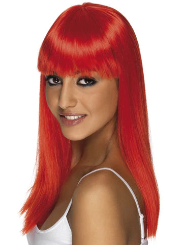 Glamourama Neon Red Wig  Long, Straight with Fringe