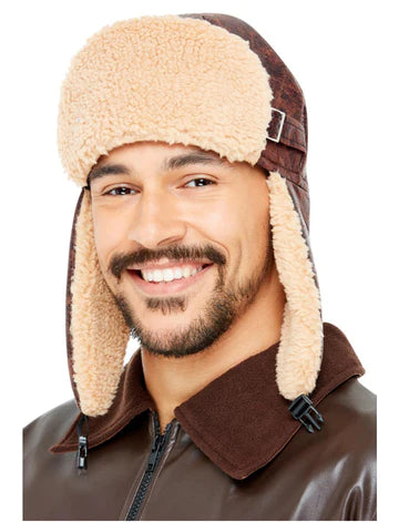 Pilot Flying Hat, Brown, with Fur Trim