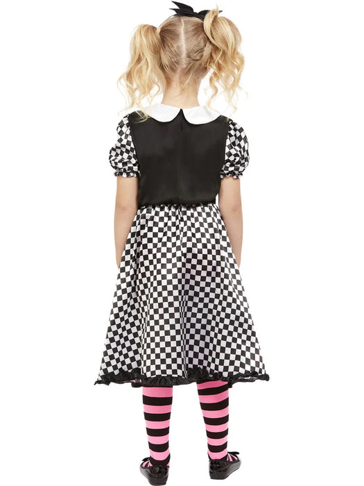 Girls Broken Doll Costume, Black and White, with Dress and Headband. 4-6 Years