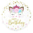 White 18-inch foil balloon with a kitten face, pink tiara, flowers, gold dots and Happy Birthday in gold script