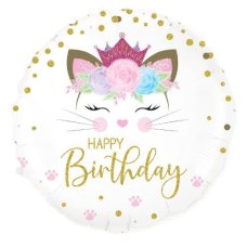 White 18-inch foil balloon with a kitten face, pink tiara, flowers, gold dots and Happy Birthday in gold script
