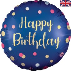 Happy Birthday Navy With Pink Polka Dots 18-Inch Foil Balloon