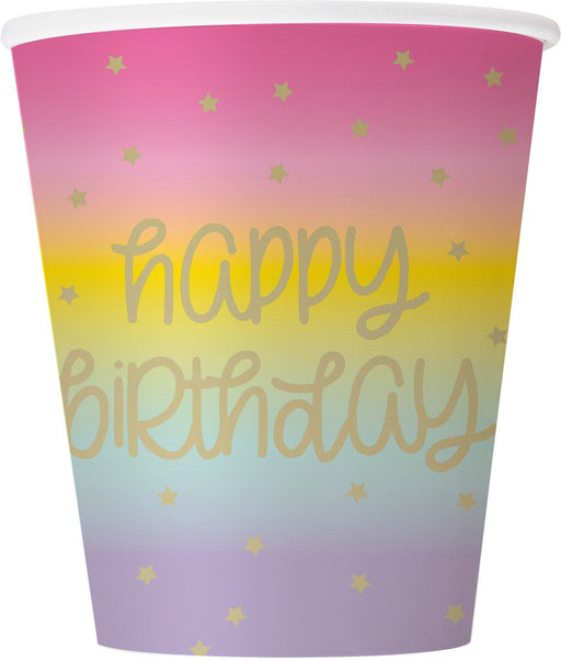 Rainbow Star Happy Birthday 8 Foil Stamped Paper Cups 270ml (9oz)