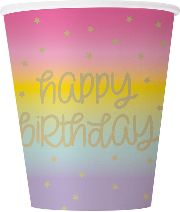 Rainbow Star Happy Birthday 8 Foil Stamped Paper Cups 270ml (9oz)