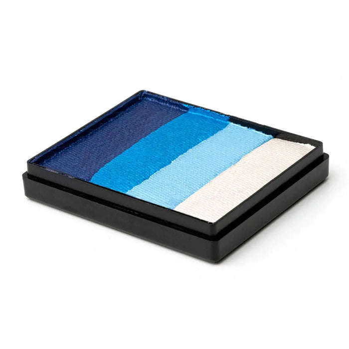 Global Colours Elsa's Magic 50g split cake face paint, formerly Antarctica, with Pearl Deep Blue, Pearl Blue, Pearl Baby Blue and White colour stripes