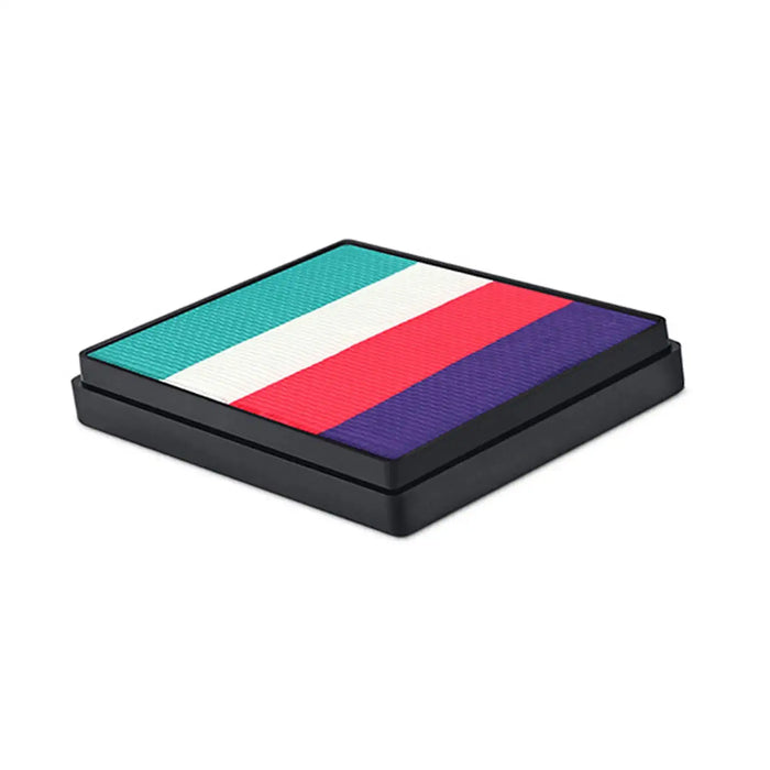 Global Colours Unicorn Dream 50g split cake face paint, formerly Holland, with Lilac, Neon Pink, White and Teal colour stripes