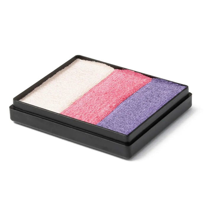Global Colours Pearly Girl 50g split cake face paint with Pearl White, Pearl Pink and Pearl Purple colour stripes