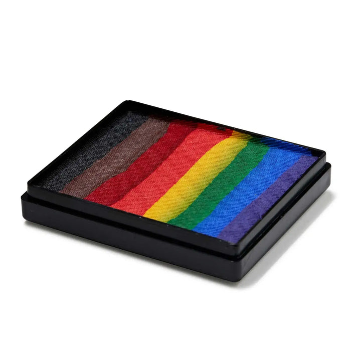 Global Colours New Pride Flag 50g split cake face paint with Black, Brown, Red, Orange, Yellow, Fresh Green, Fresh Blue and Purple stripes