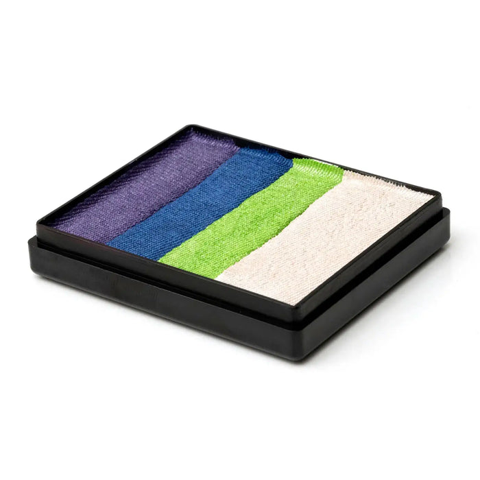 Global Colours Fairy Tale 50g split cake face paint, formerly Sri Lanka, with Pearl Lilac, Pearl Deep Blue, Pearl Lime Green and Pearl White colour stripes