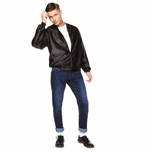 Front view of black 1950s rock and roll men’s jacket styled with a white T-shirt and jeans, jacket only