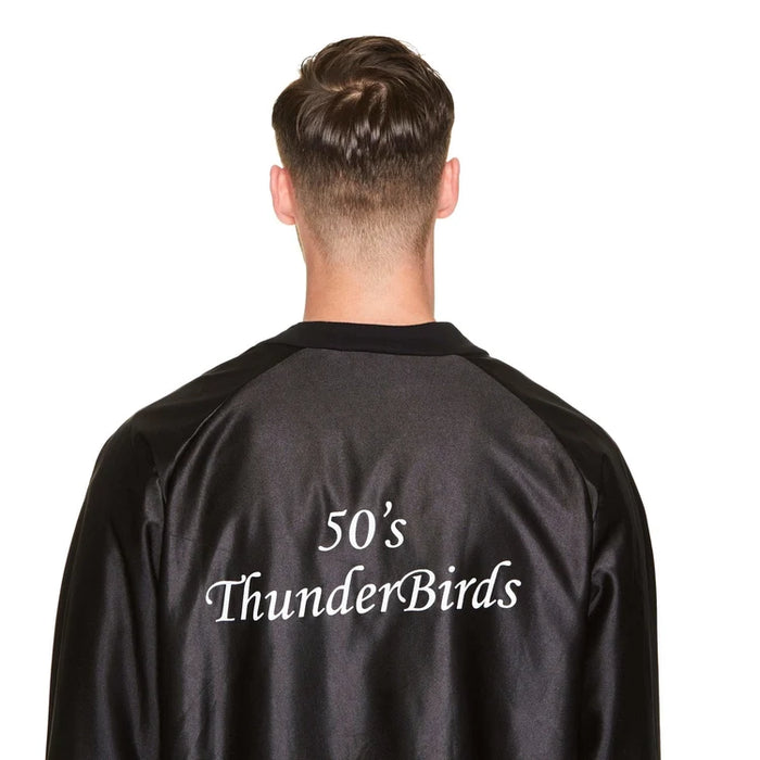 Back of black rock and roll jacket with white 50’s ThunderBirds lettering