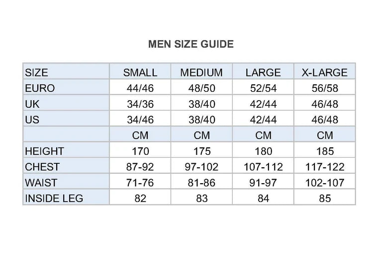 Supplier men’s size chart, Large UK 42–44, chest 107–112 cm and waist 91–97 cm