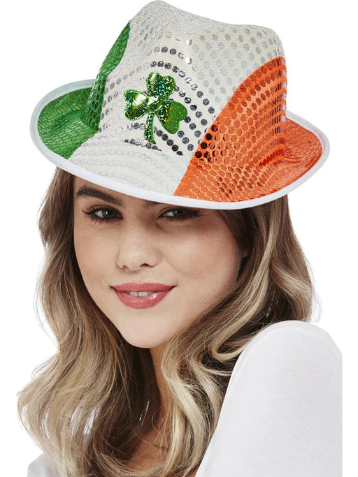 Paddy's Day Irish Flag Sequin Trilby Hat with Shamrock Motif