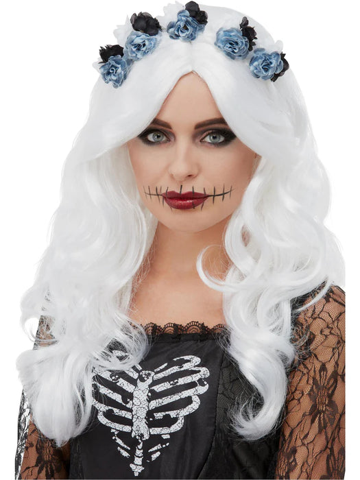 Day of the Dead Wig, White with Flowers