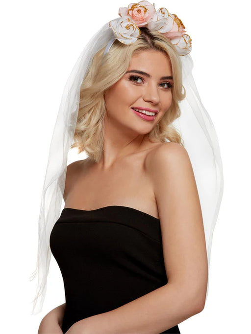 Floral Headband, White & Pink, with Veil.