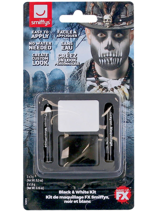 Smiffys Black and White FX makeup kit packaging with makeup palette and crayons