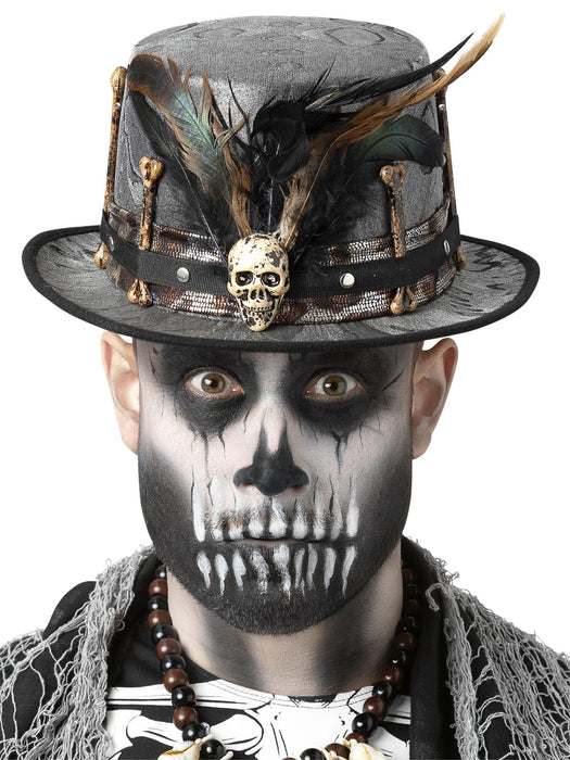Model wearing a black and white skull makeup look